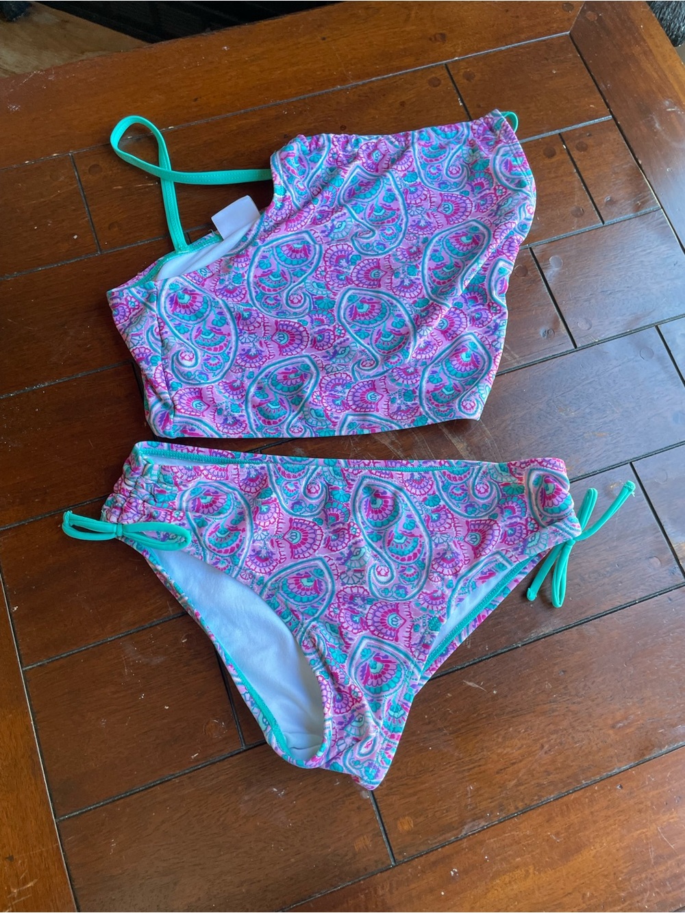 Girls Pink Paisley Two-Piece Swim Set with Teal Trim